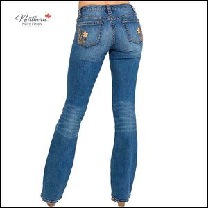 Stretchy Bootcut Wide Leg Jeans with Feather Embroidery